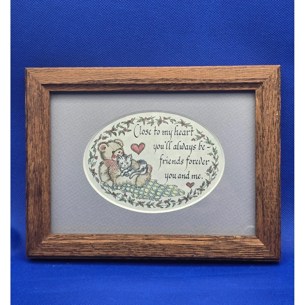 Vintage 80s Creative Calligraphy Framed Art Friends Forever Teddy Bear Grandma